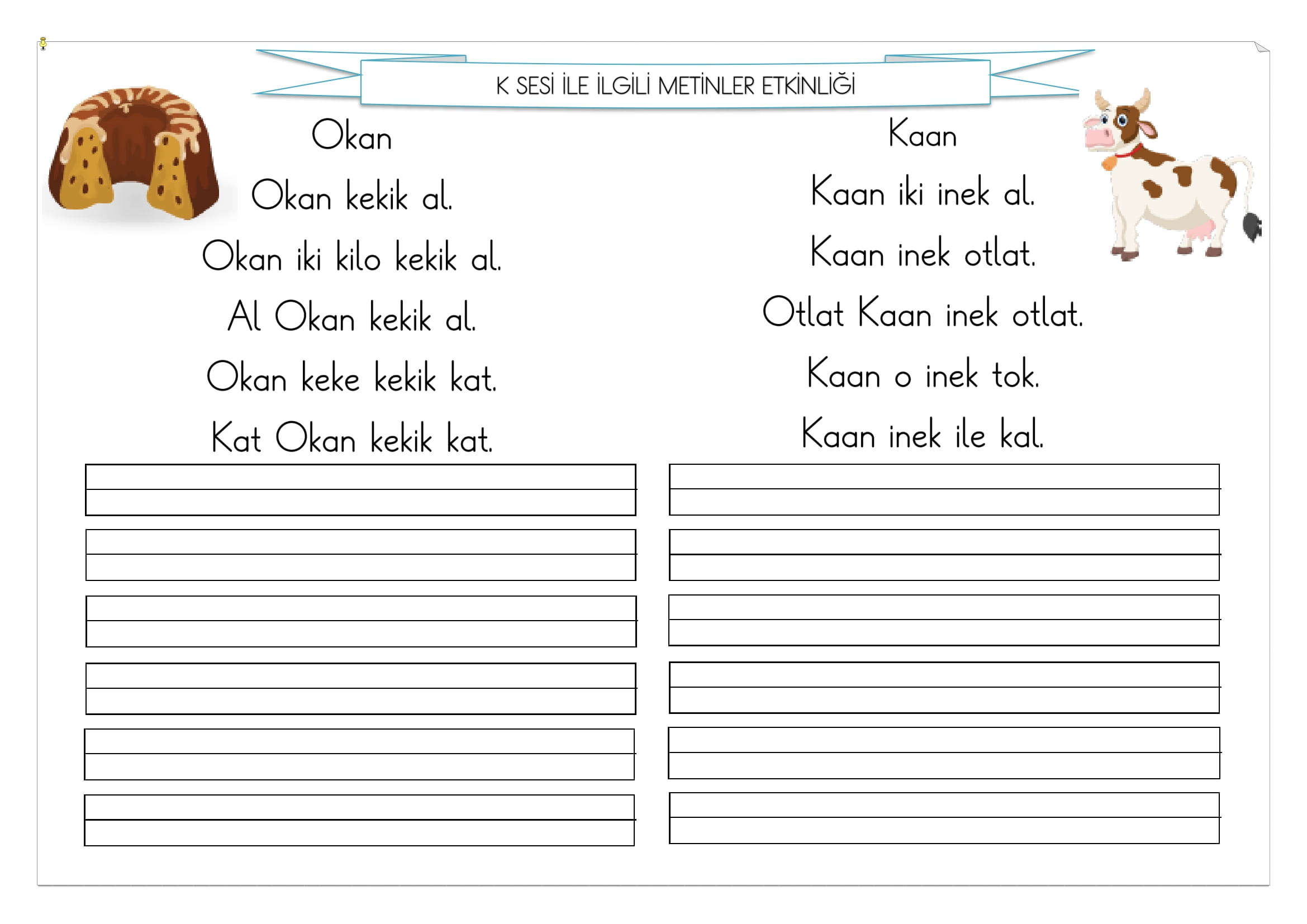 1. Sınıf İlk Okuma Yazma K Sesi Metinler Etkinliği