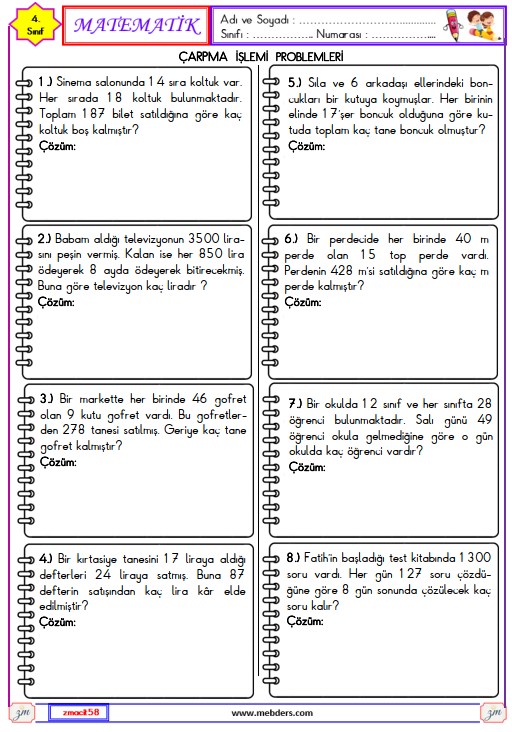 4. Sınıf Matematik Çarpma İşlemi Problemleri Etkinliği 2