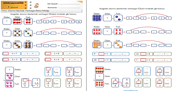 1. Sınıf Matematik Çıkarma İşleminde Verilmeyeni Bulma Etkinliği