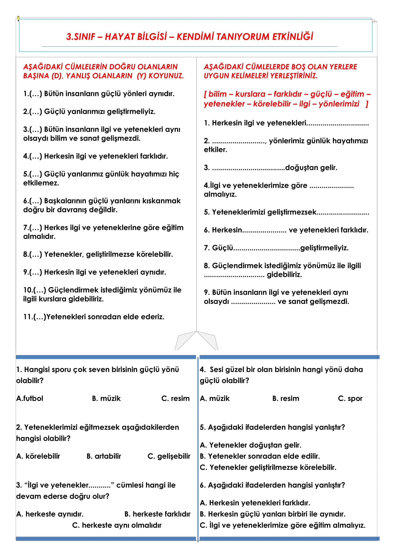 3. Sınıf - Hayat Bilgisi Kendimi Tanıyorum Etkinliği