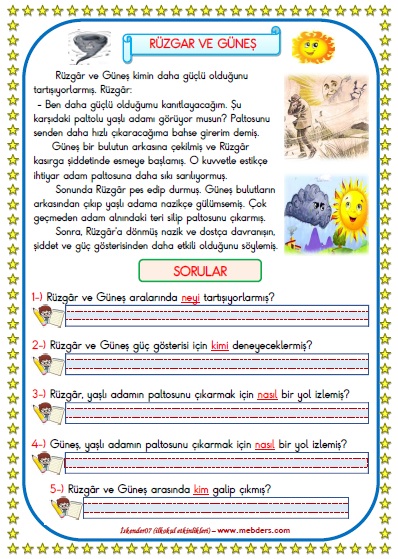 1. Sınıf Türkçe Rüzgar ve Güneş Okuma Anlama Metin Çalışması 17