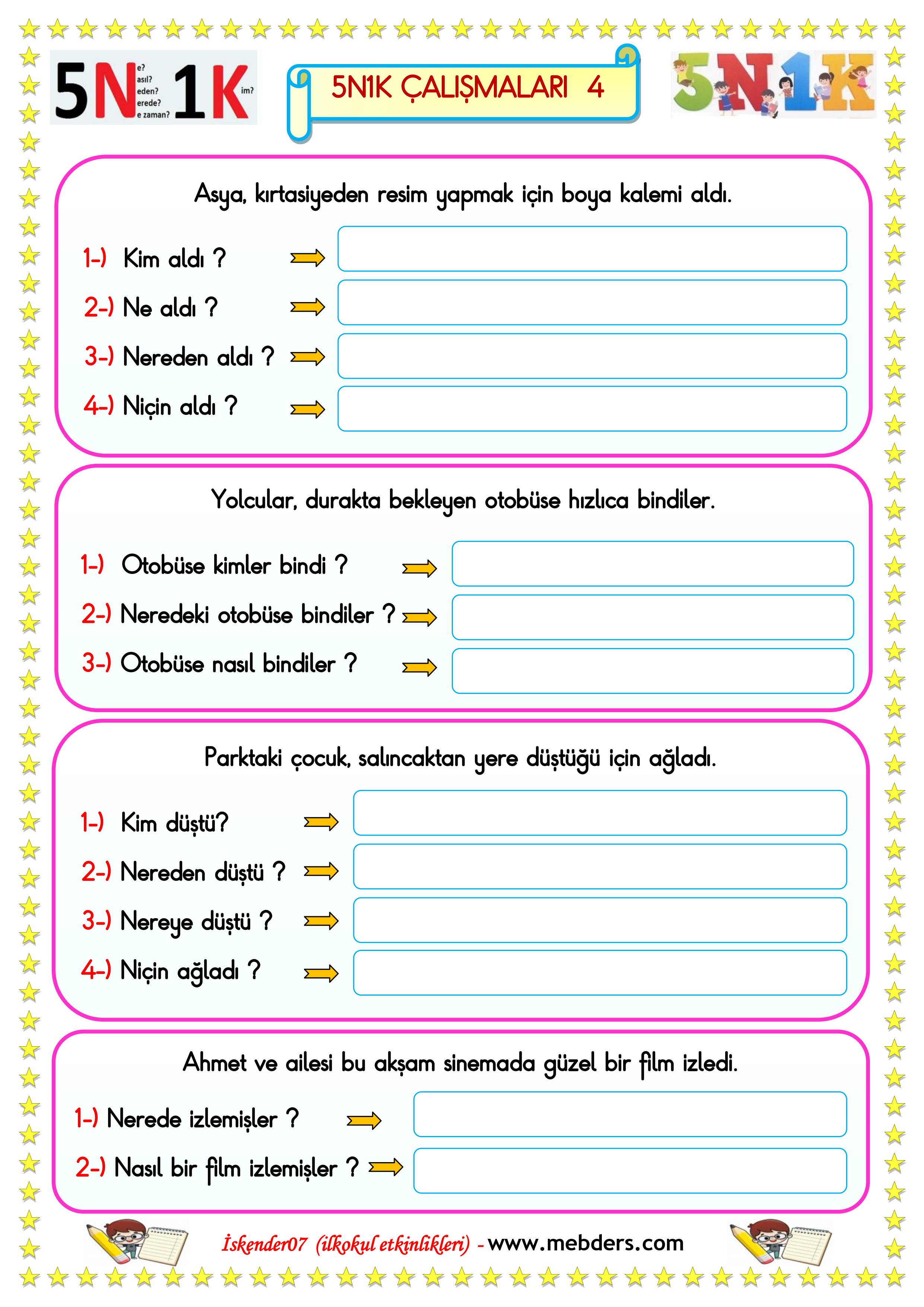 1. Sınıf Türkçe 5N1K Çalışması 4