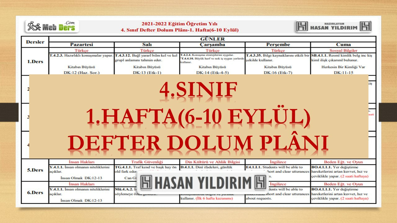 4. Sınıf 1.Hafta(6-10 Eylül) Defter Dolum Planı