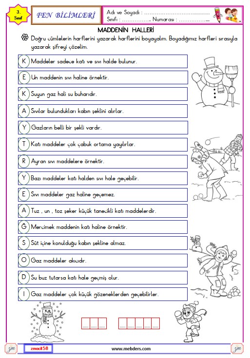 3. Sınıf Fen Bilimleri Maddenin Halleri Etkinliği 4