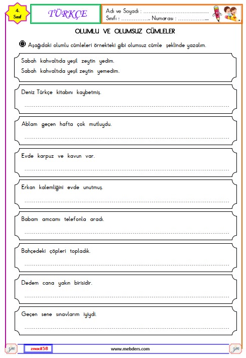4.. Sınıf Türkçe Olumlu ve Olumsuz Cümle Etkinliği 7