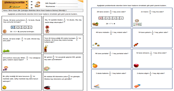 3. Sınıf Matematik Birim Kesir (Bir Çokluğun Belirtilen Birim Kesir Kadarını Bulma) Etkinliği 2