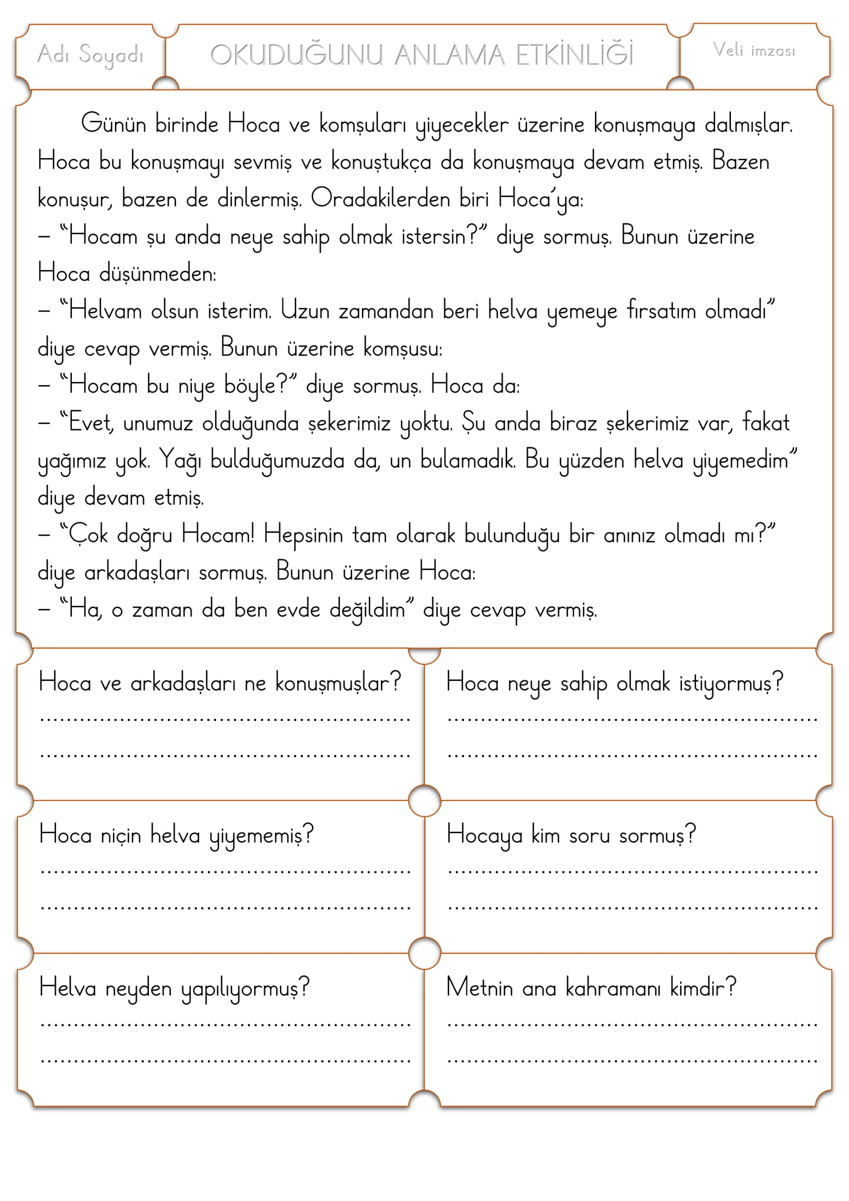 1. Sınıf Türkçe Okuduğunu Anlama Etkinliği -1