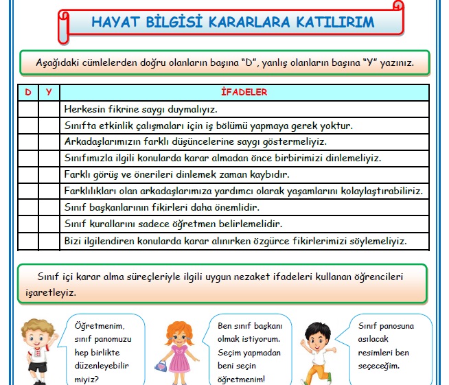 2. Sınıf Hayat Bilgisi Kararlara Katılırım Etkinlik Çalışması
