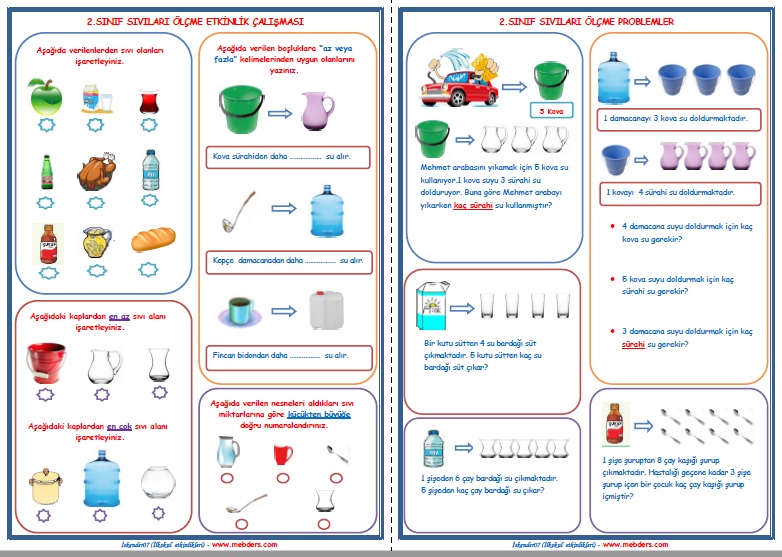 2. Sınıf Matematik Sıvı Ölçüleri Etkinlik Çalışması (2 Sayfa)