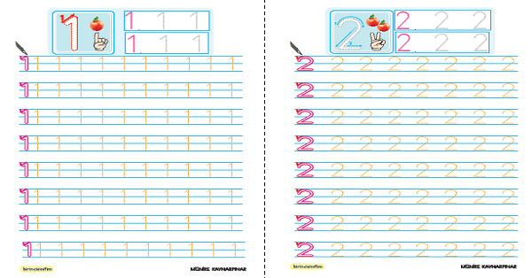 1. Sınıf Matematik 1 ve 2 Rakamını Yazma Çalışması