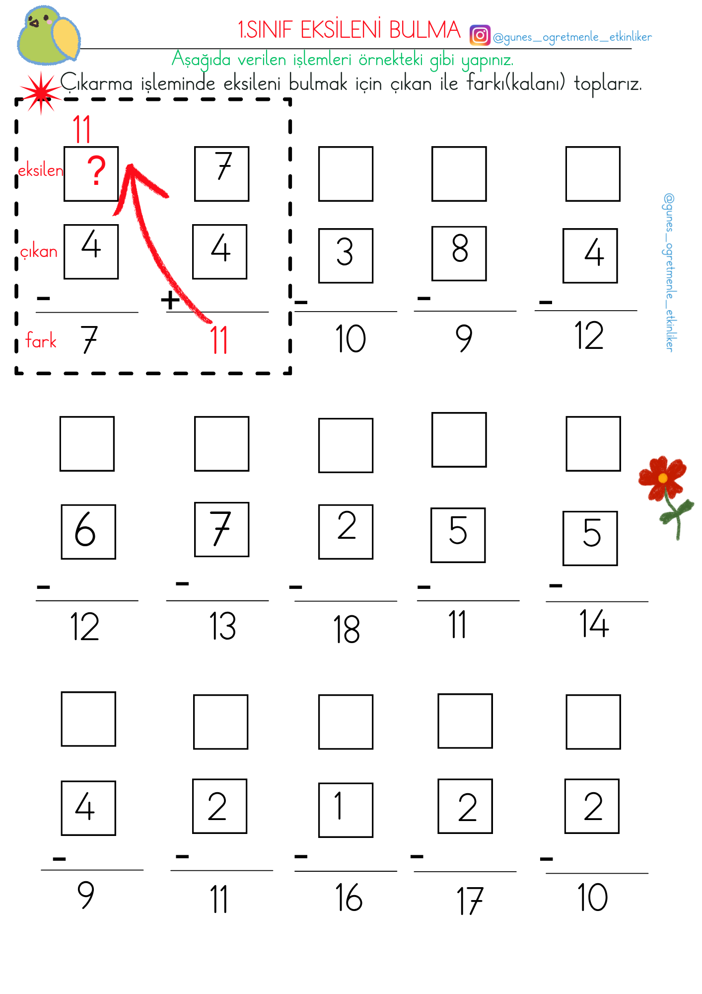 1. Sınıf Matematik Verilmeyeni Bulma