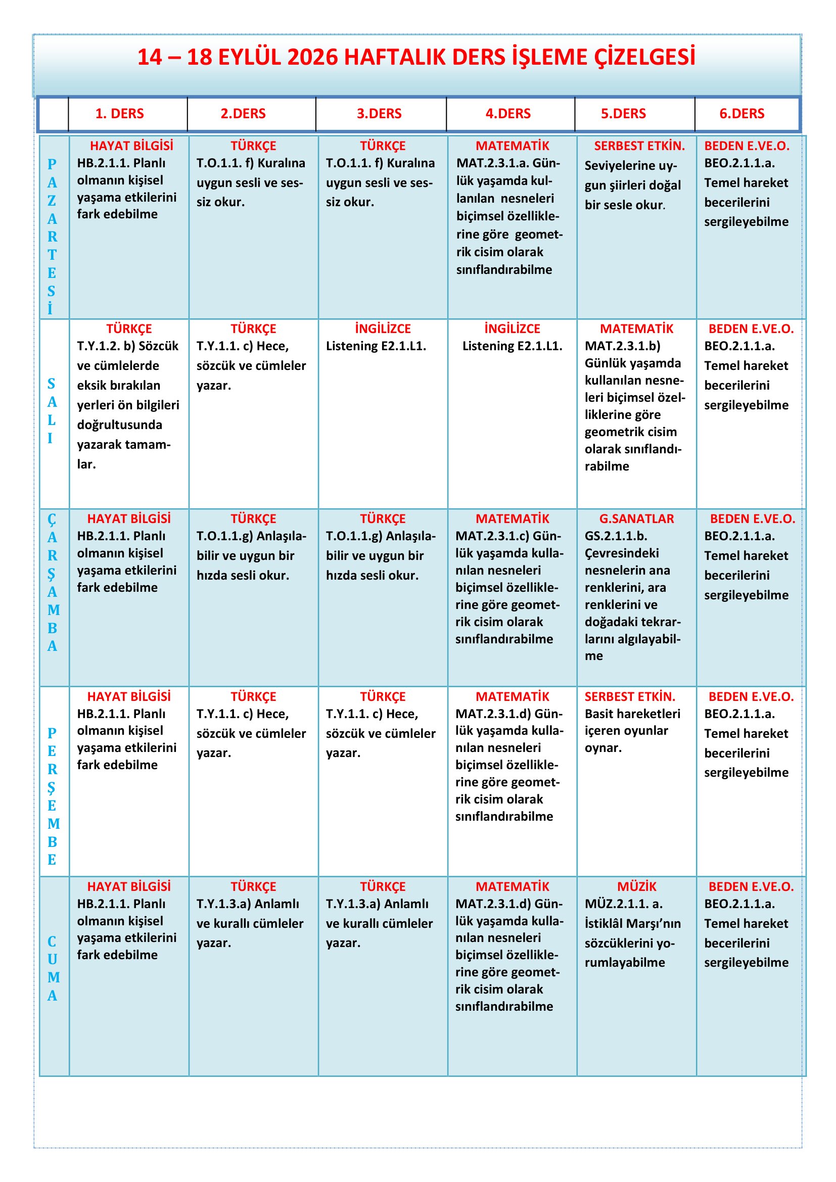 2.Sınıf 14 - 18 Eylül 2026 Haftalık Ders İşleme Çizelgesi