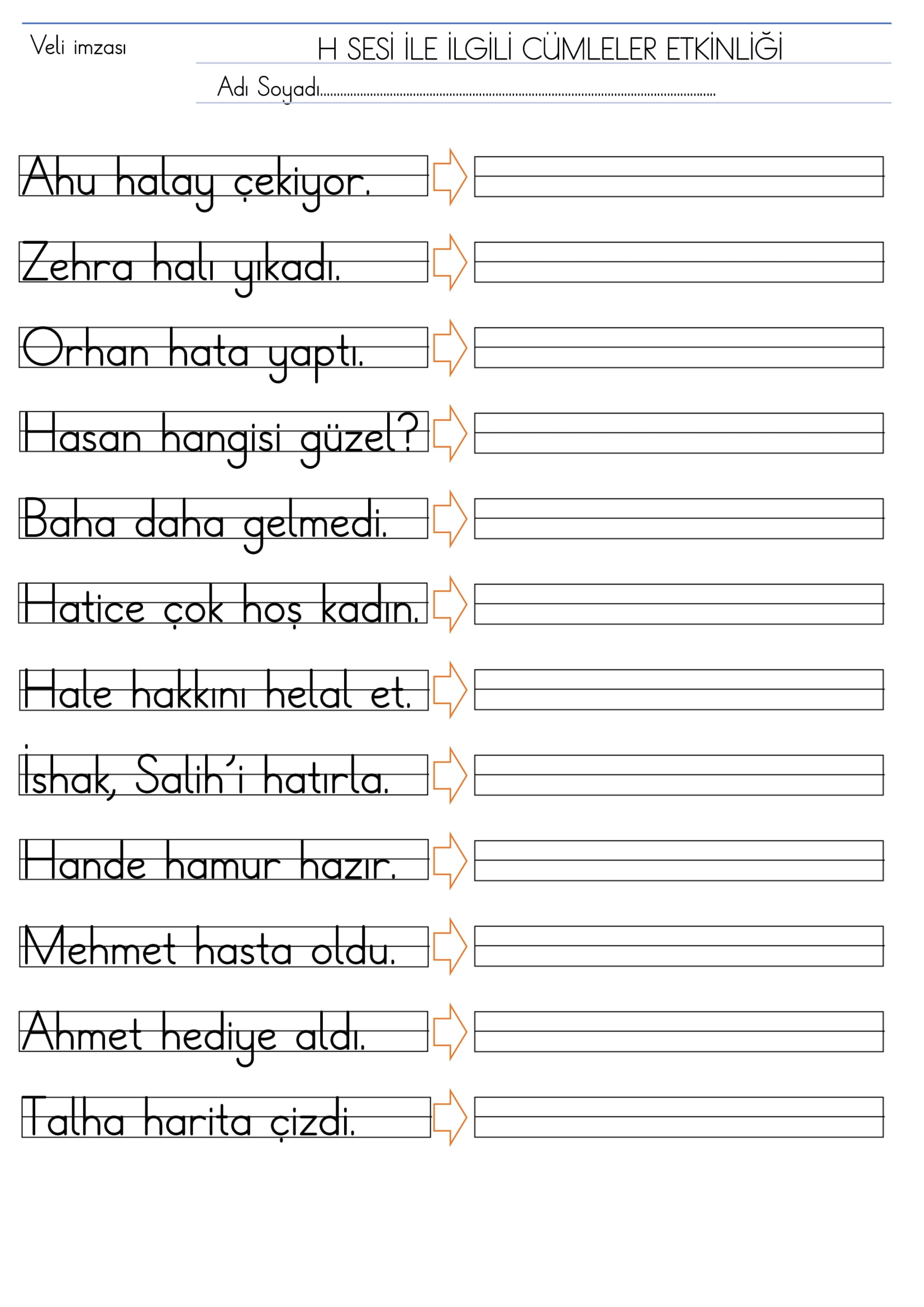 1. Sınıf İlk Okuma Yazma H Sesi Cümleler Etkinliği