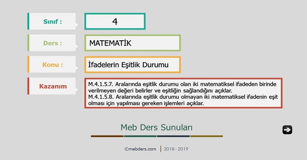 4. Sınıf Matematik İfadelerin Eşitlik Durumu Sunusu