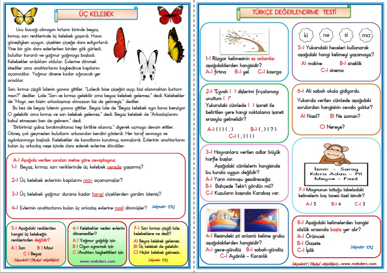 1. Sınıf Türkçe Üç Kelebek Değerlendirme Çalışması 14