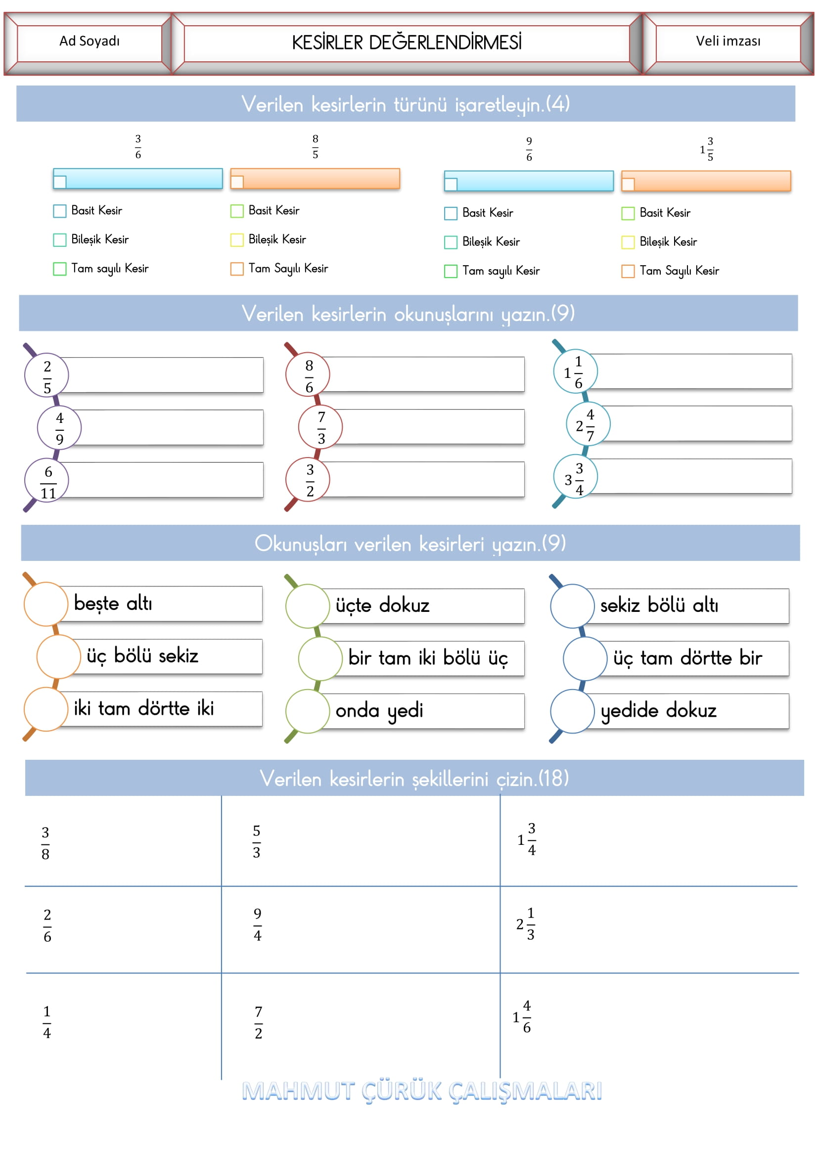 4. Sınıf - Matematik Kesirler Değerlendirmesi-1