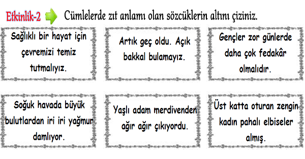 3. Sınıf Türkçe Zıt Anlamlı Kelimeler-2