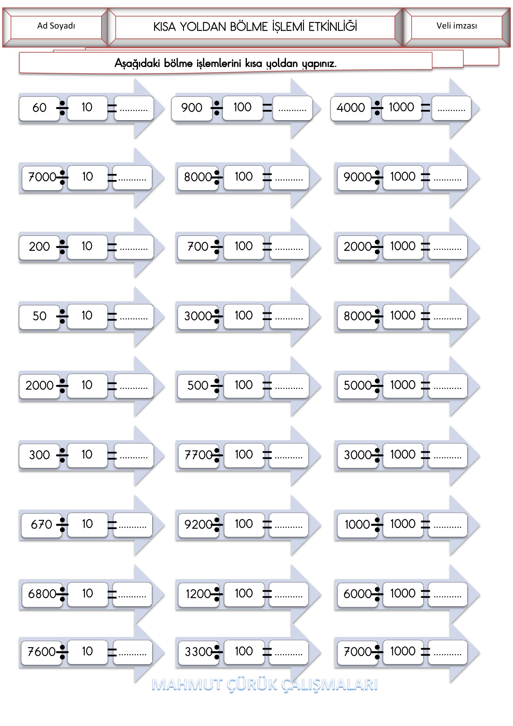 4. Sınıf - Matematik Kısa Yoldan Bölme İşlemi Etkinliği