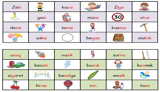 1. Sınıf İlk Okuma Yazma (Z-z Sesi) Okuma Tombalası