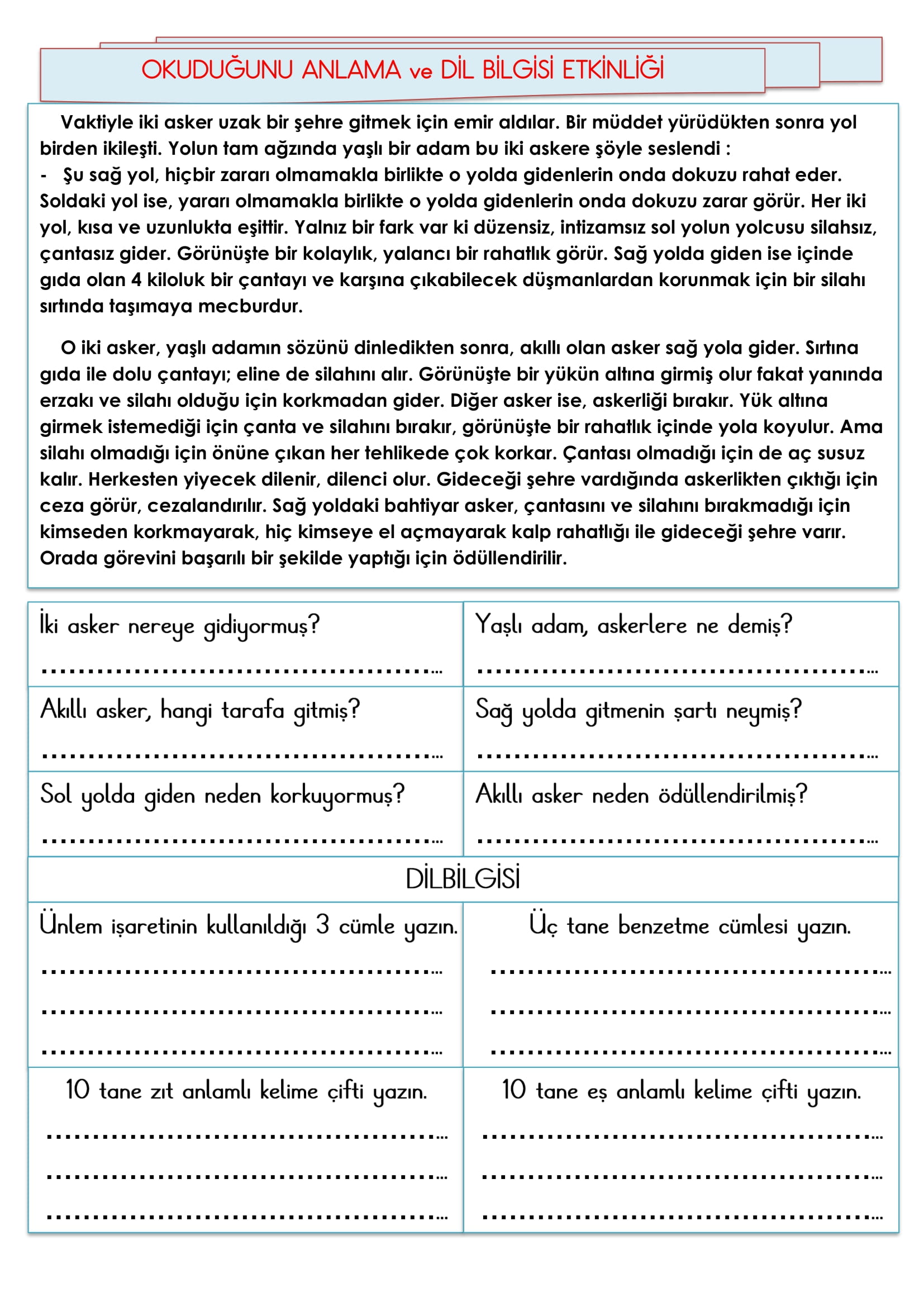 2. Sınıf - Türkçe Okuduğunu Anlama ve Dil Bilgisi Etkinliği-6