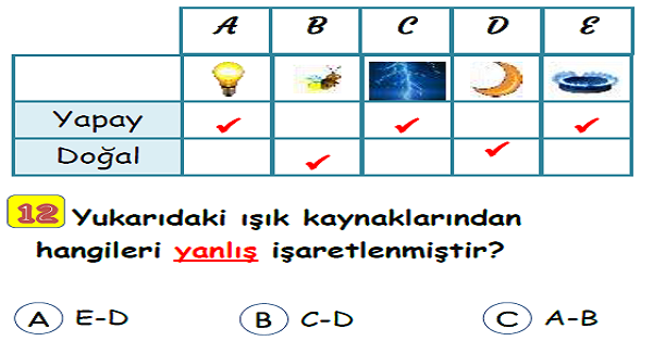 3. Sınıf Fen Bilimleri Işığın Görmedeki Rolü ve Işık Kaynakları Yaprak Test