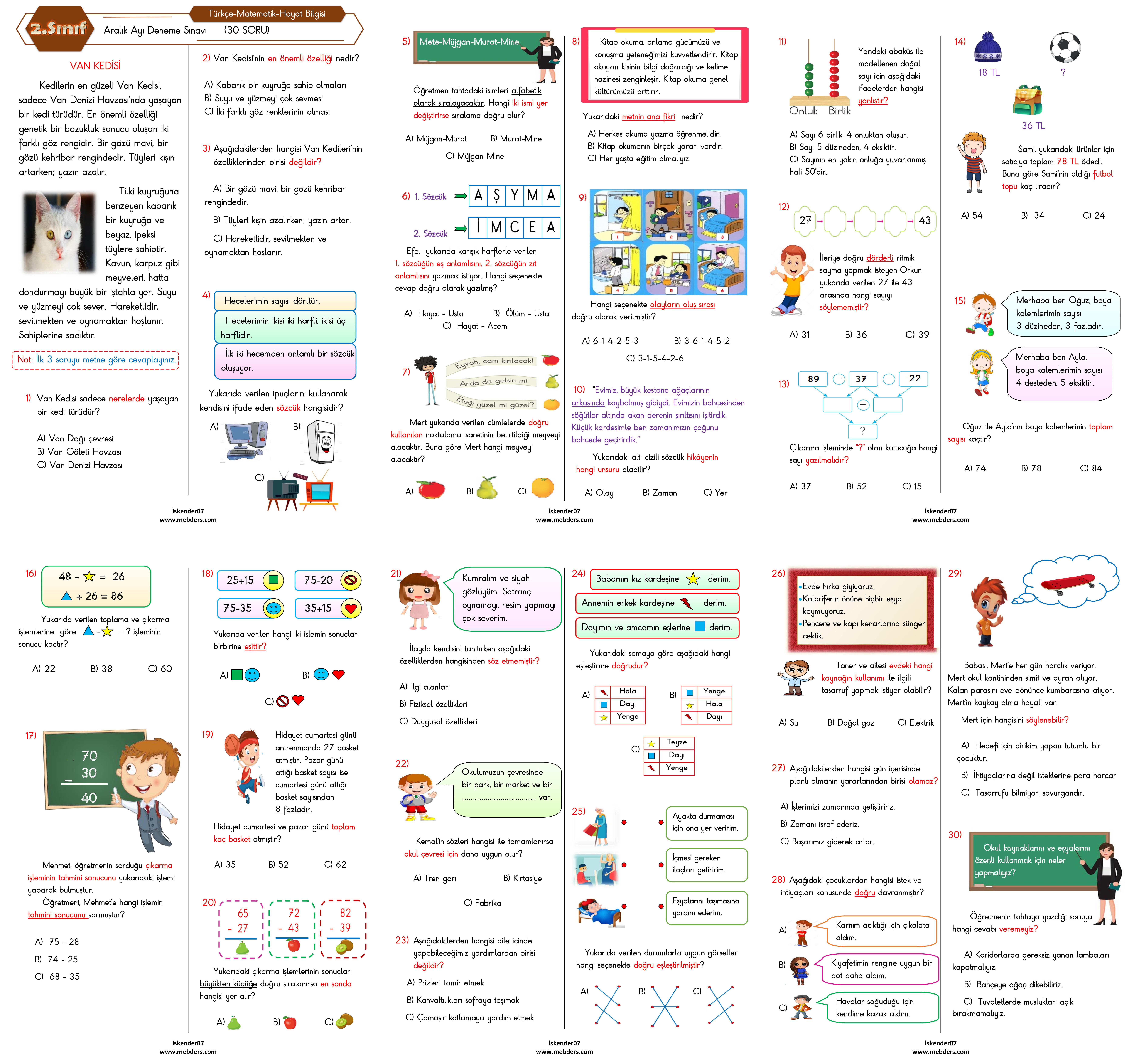 2. Sınıf Aralık Ayı Deneme Sınavı (Türkçe-Matematik-Hayat Bilgisi 30 Soru)