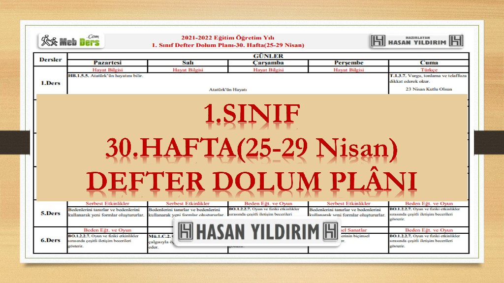 1. Sınıf 30.Hafta(25-29 Nisan) Defter Dolum Planı