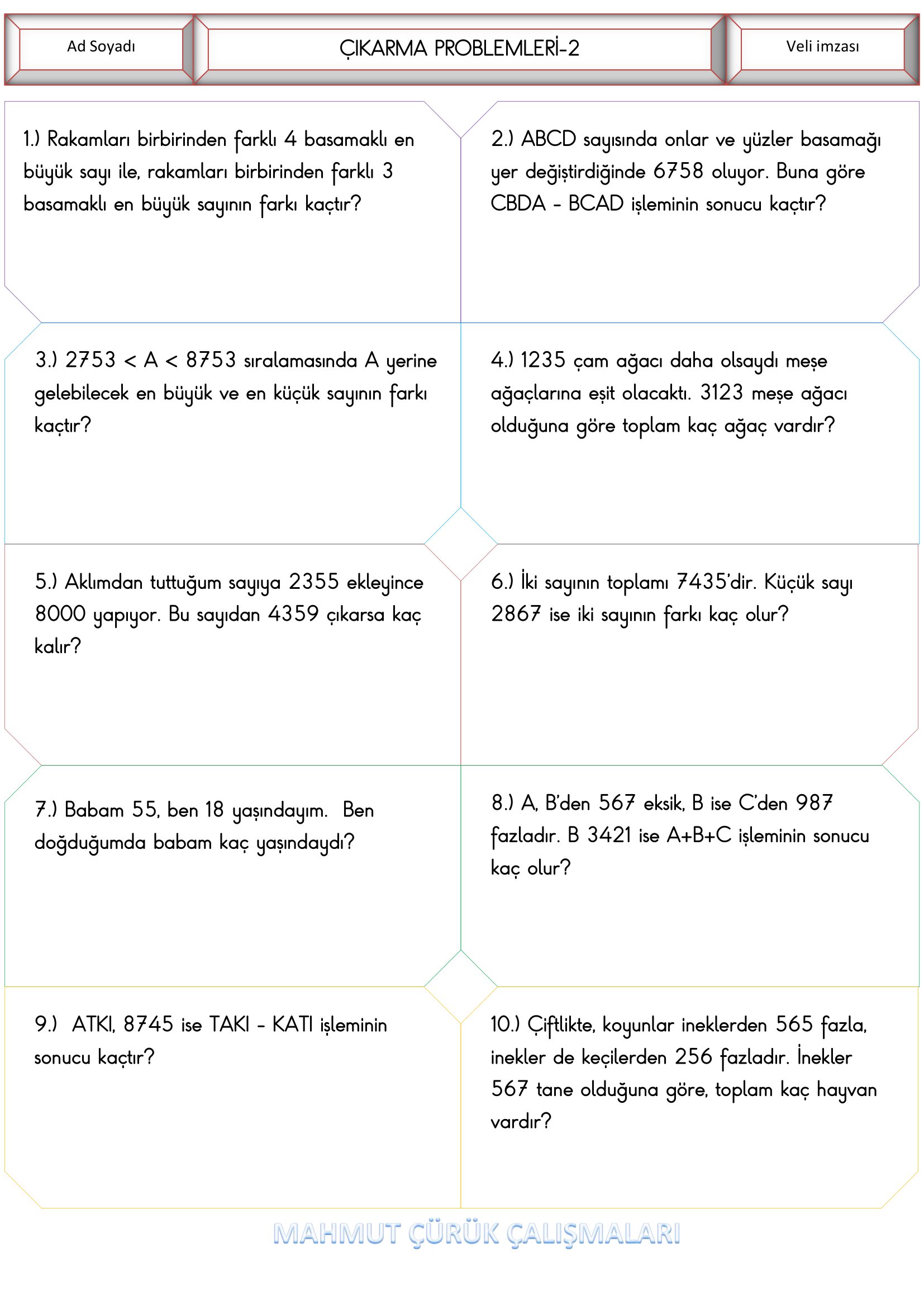 4. Sınıf - Matematik Çıkarma Problemleri-2