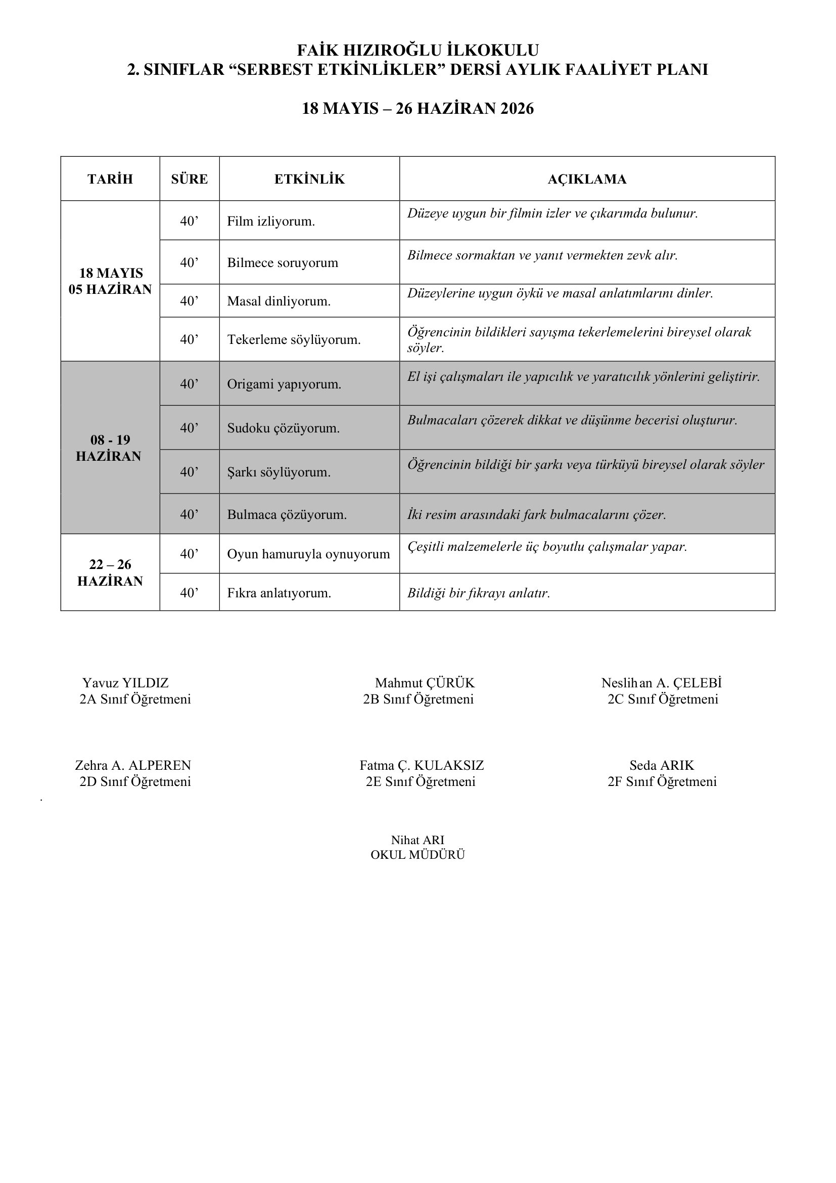 2. Sınıf 18 Mayıs - 26 Haziran 2026 Serbest Etkinlik Planı.doc