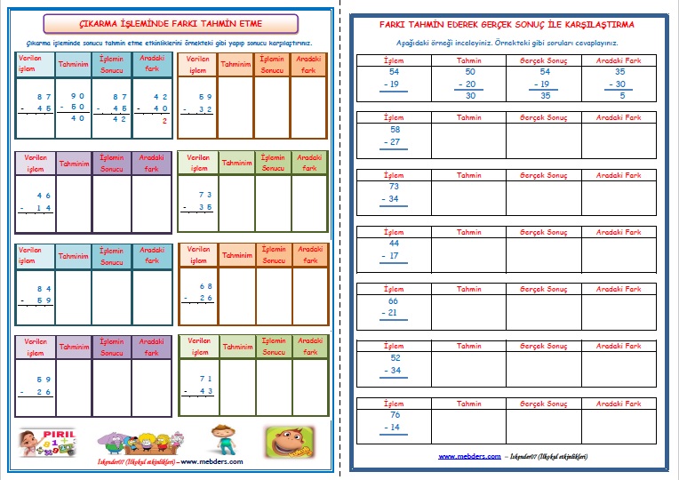 2. Sınıf Matematik Çıkarma İşleminde Farkı Tahmin Etme  (5 Sayfa)