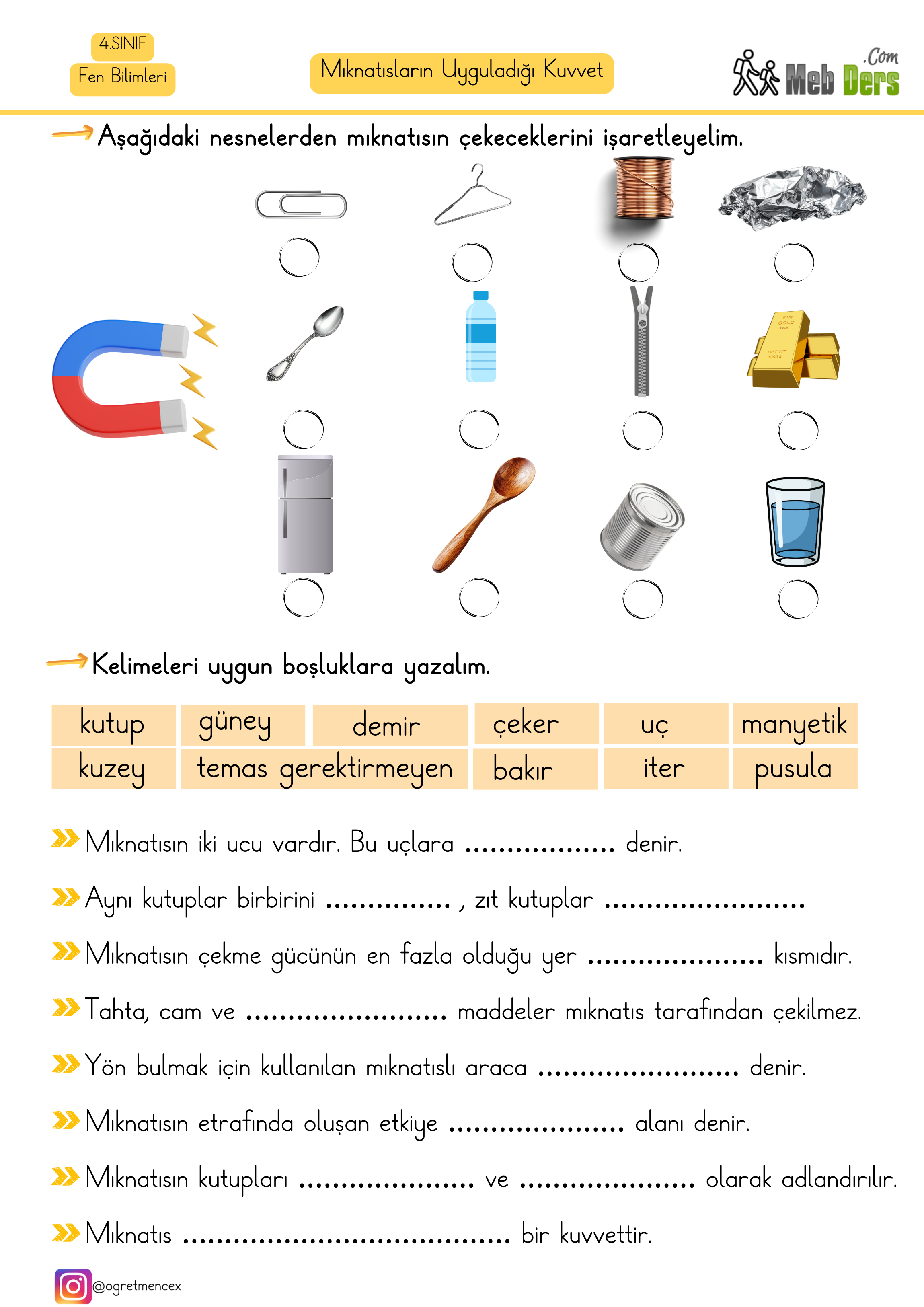 4. Sınıf Fen Bilimleri Mıknatısların Uyguladığı Kuvvet Çalışma Sayfası