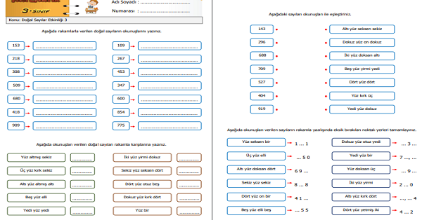 3. Sınıf Matematik Doğal Sayılar Etkinliği 3