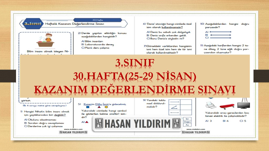 3. Sınıf Haftalık Değerlendirme Testi-30.Hafta(25-29 Nisan)