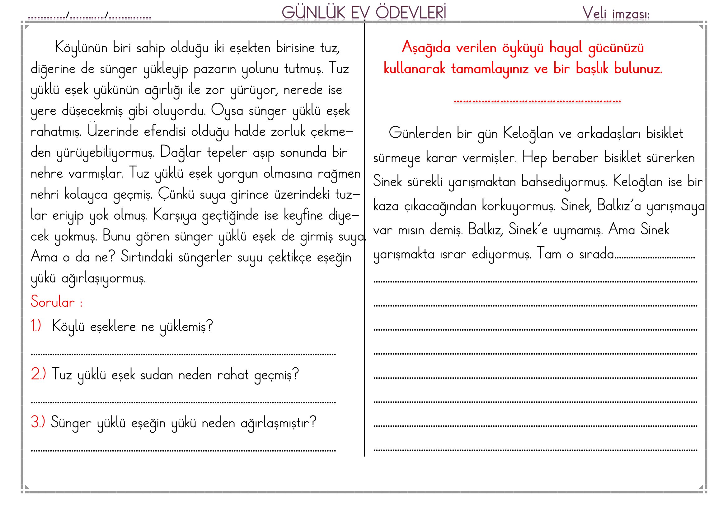 1. Sınıf - 24 Şubat 2026 Günlük Ev Ödevleri