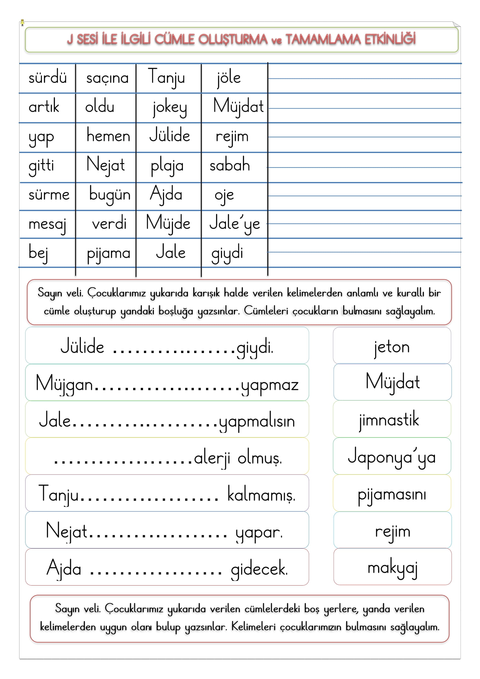 1. Sınıf İlk Okuma Yazma J Sesi Cümle Oluşturma ve Tamamlama Etkinliği