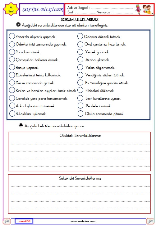 4. Sınıf Sosyal Bilgiler Sorumluluklarımız Etkinliği