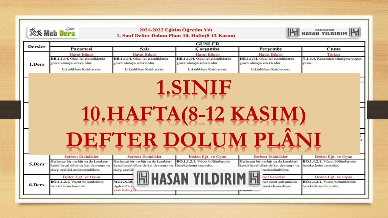 1. Sınıf 10.Hafta(8-12 Kasım) Defter Dolum Planı