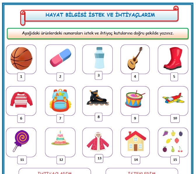2. Sınıf Hayat Bilgisi İstek ve İhtiyaçlarım Etkinlik Çalışması