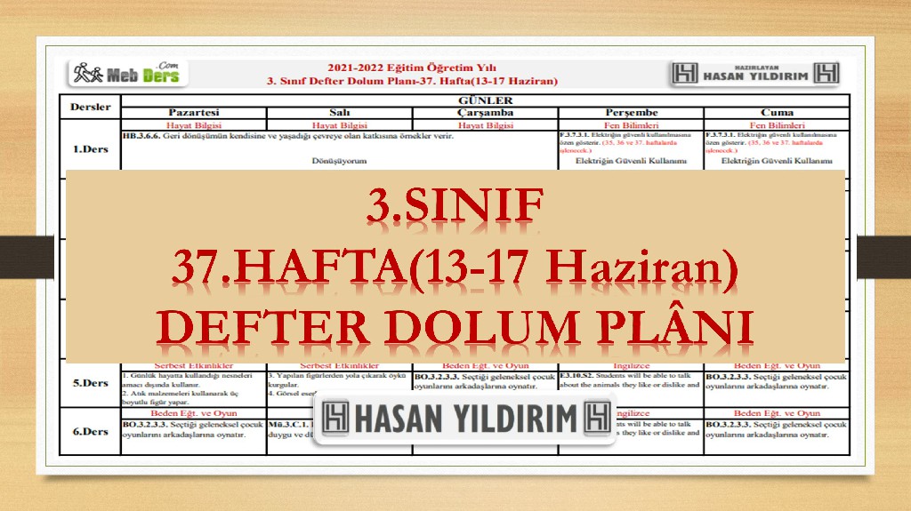 3. Sınıf 37.Hafta(13-17 Haziran) Defter Dolum Planı