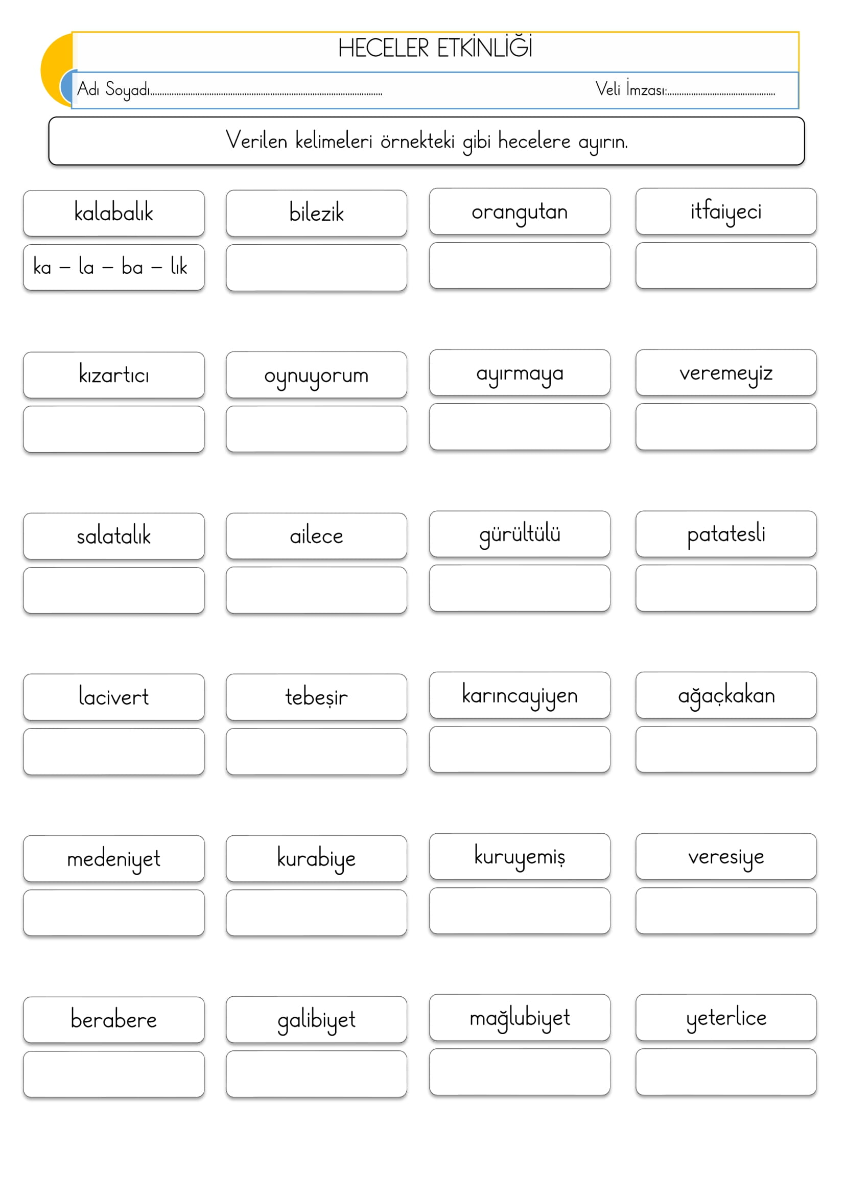 2. Sınıf - Türkçe - Hece Etkinliği