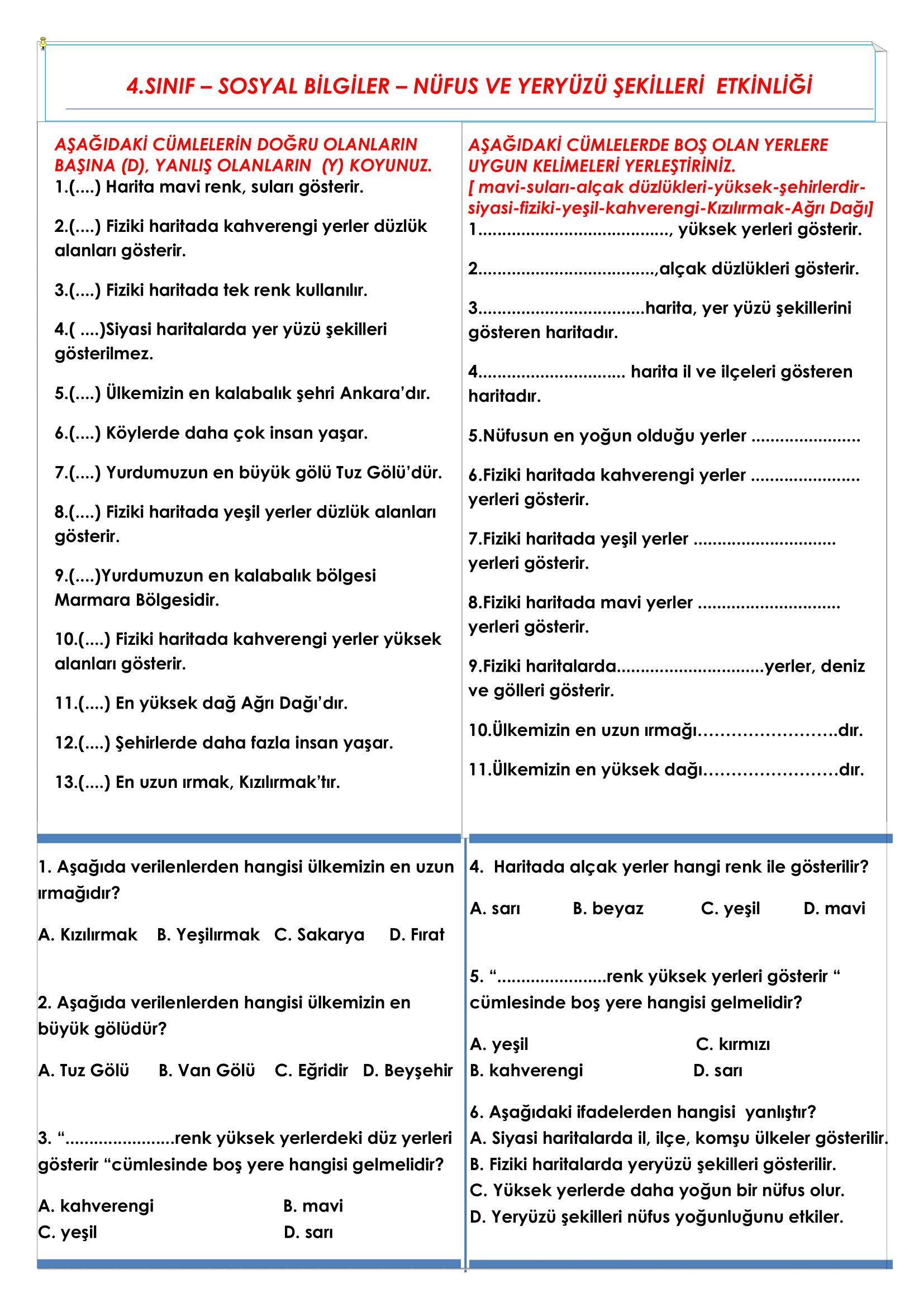 4. Sınıf - Sosyal Bilgiler - Nüfus ve Yer Şekilleri Etkinliği