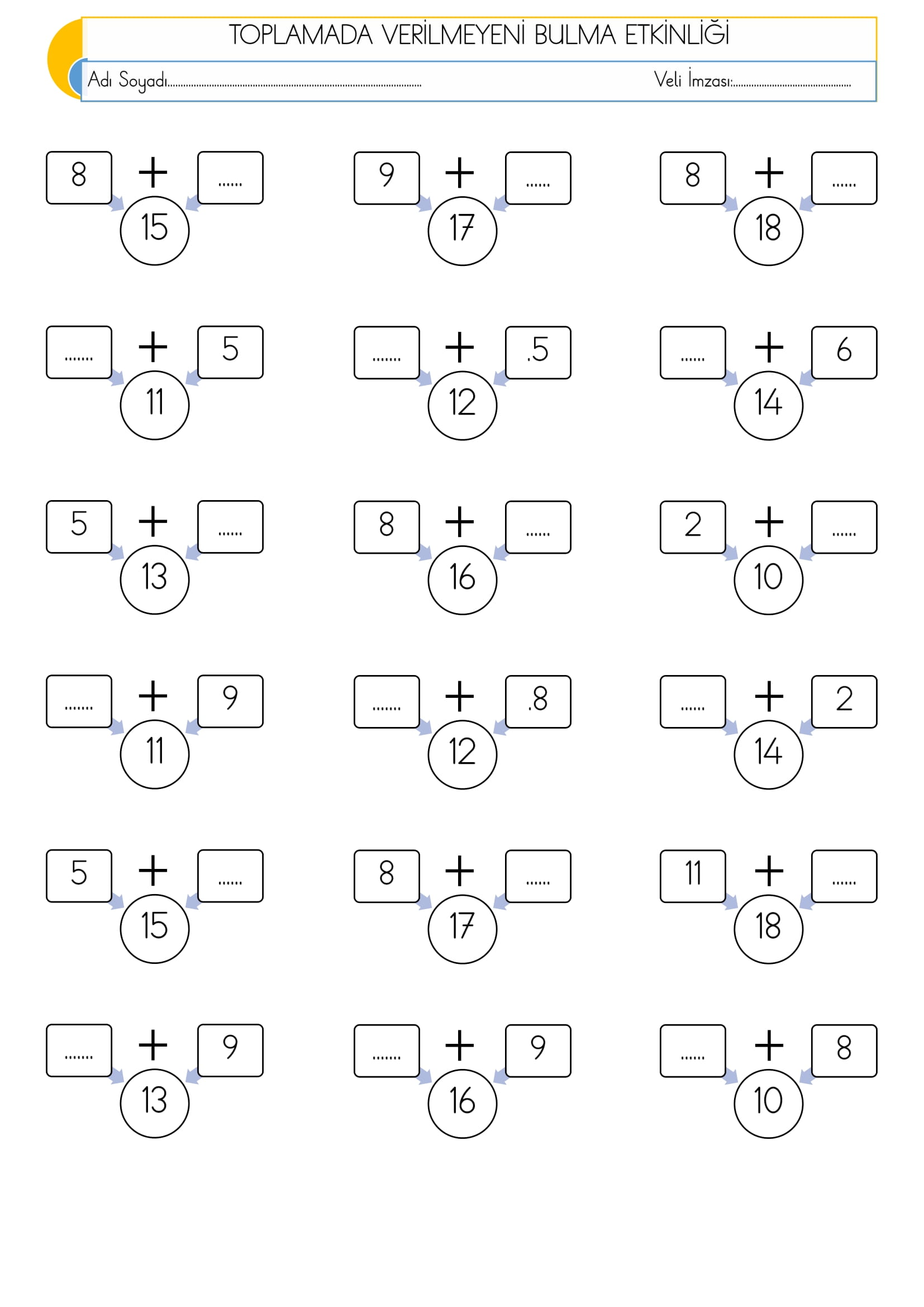 1. Sınıf Matematik Toplamada Verilmeyeni Bulma Etkinliği-3