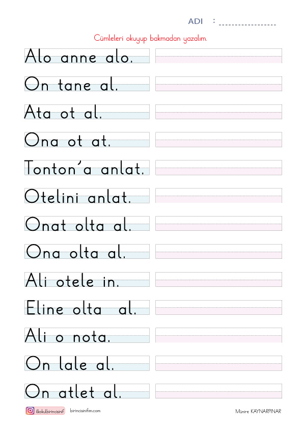 1. Sınıf İlkokuma Yazma O Harfi Cümle Okuma Yazma Etkinliği