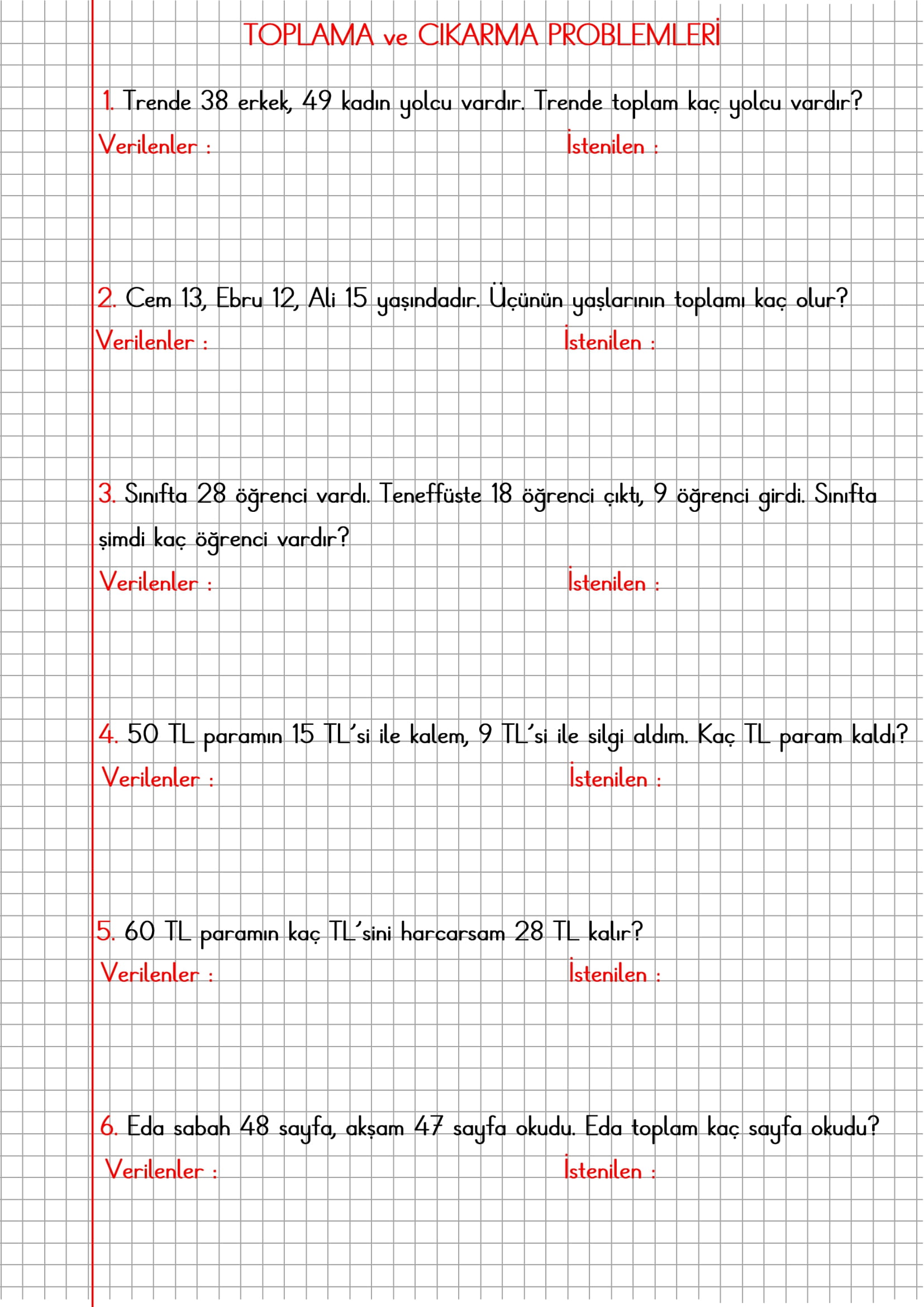 2. Sınıf Matematik - Kareli Defterde Toplama ve Çıkarma Karışık Problemleri