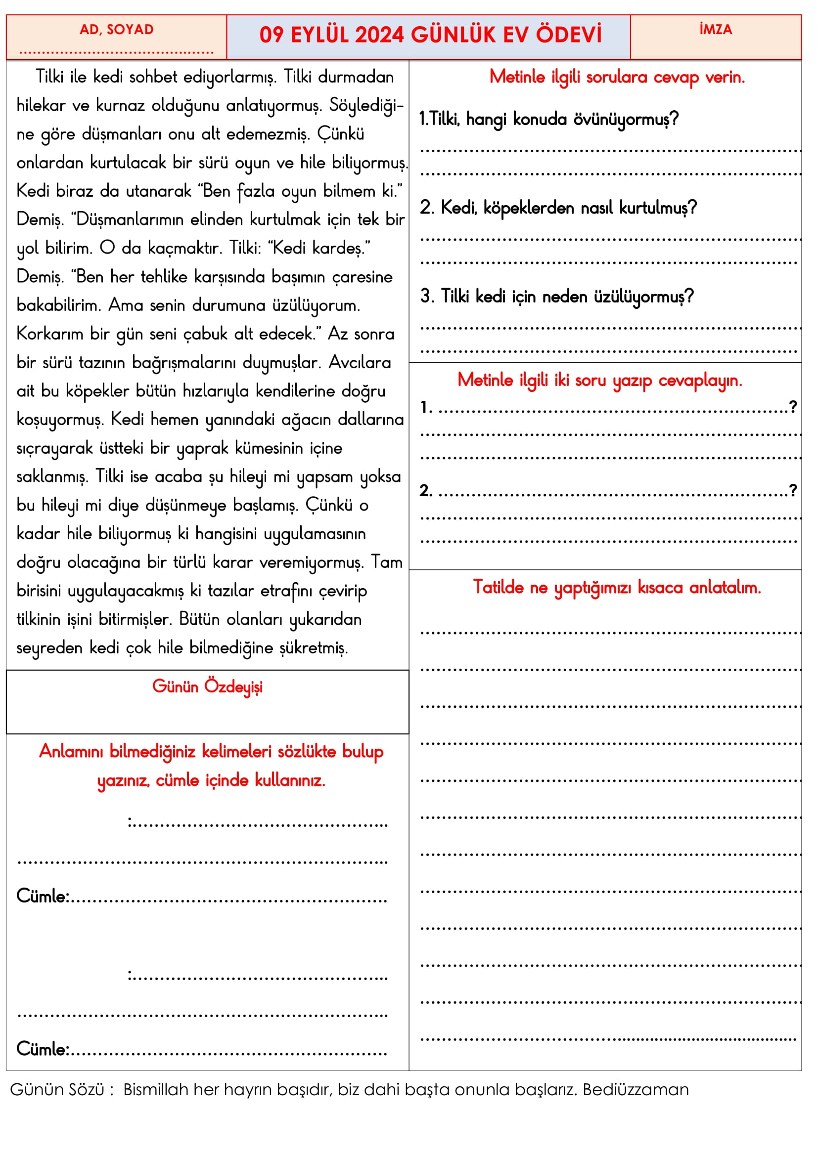 3. Sınıf 9 Eylül Günlük Ev Ödevi
