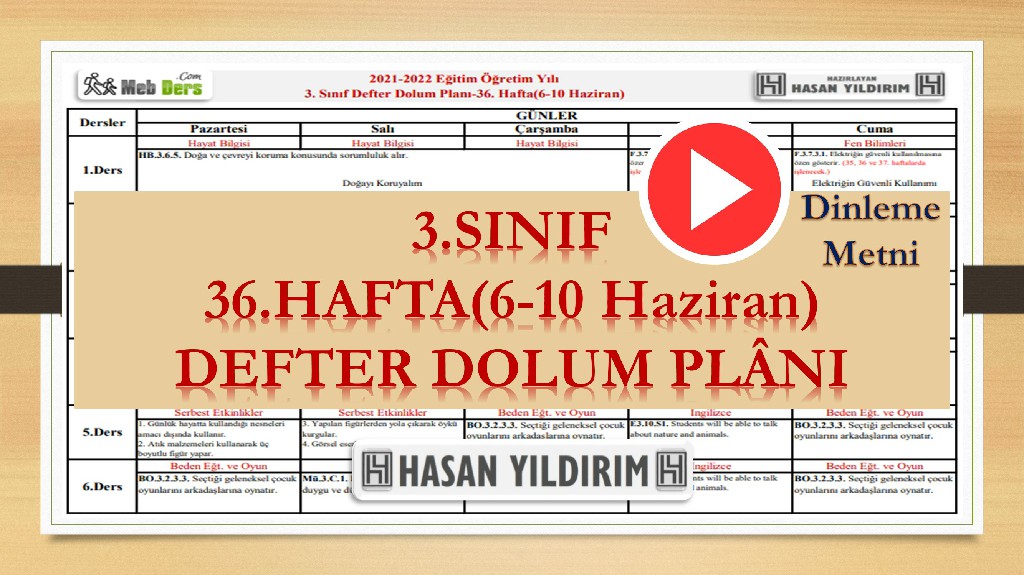 3. Sınıf 36.Hafta(6-10 Haziran) Defter Dolum Planı