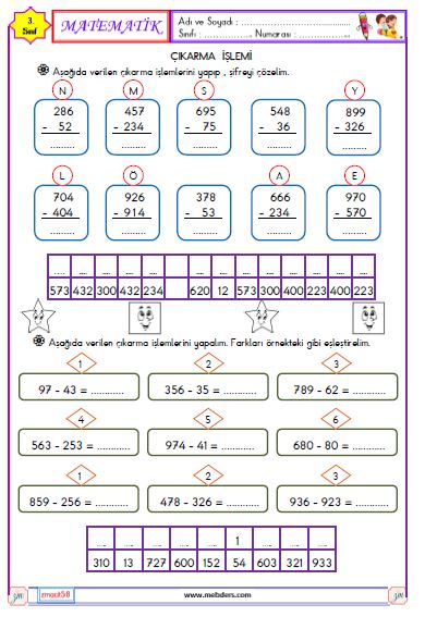 3. Sınıf Matematik Çıkarma  İşlemi Etkinliği 2