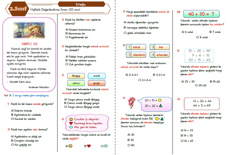 2. Sınıf Haftalık Değerlendirme Testi - 11.Hafta (22-26 Kasım)