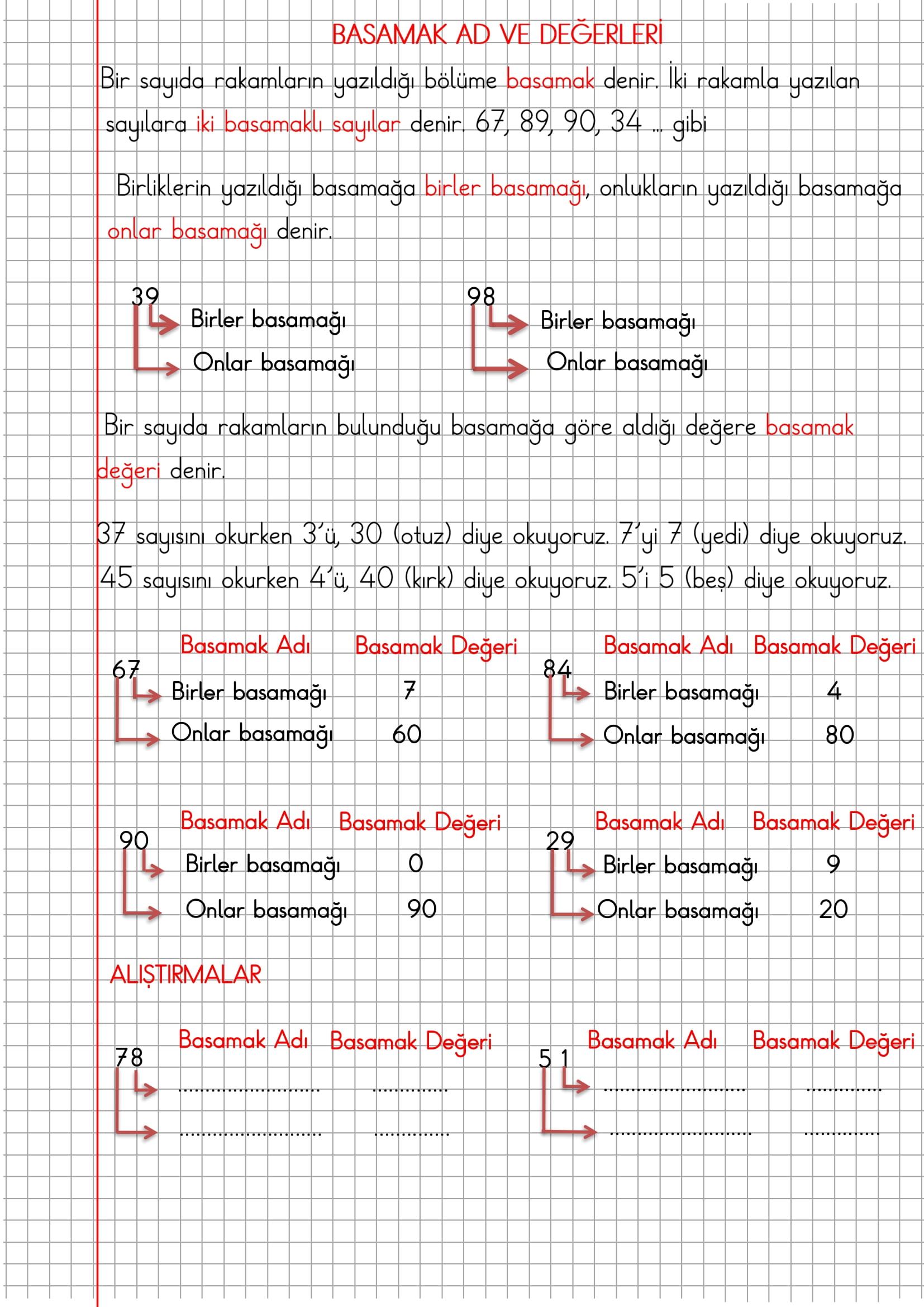 2. Sınıf Matematik Kareli Defterde Basamak Ad ve Değerleri Konu Anlatımı