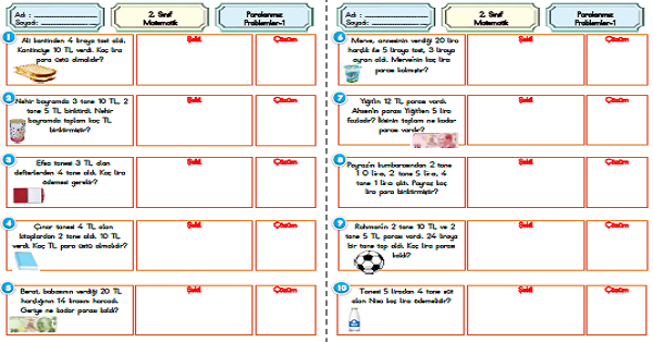 2. Sınıf Matematik Paralarımız Problemler-1